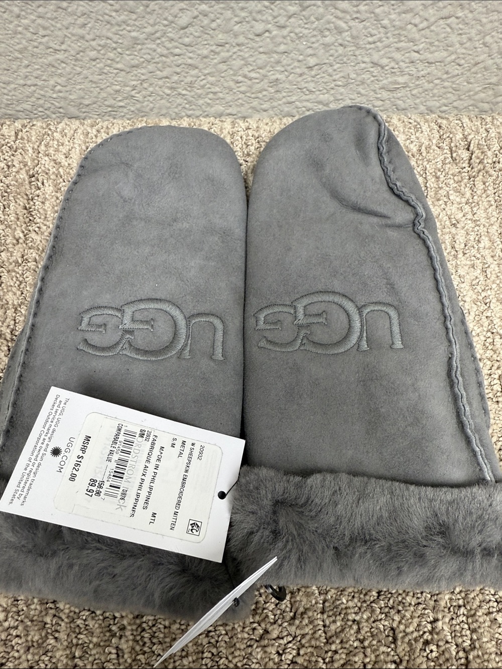 UGG Grey Suede Shearling Lined Mittens